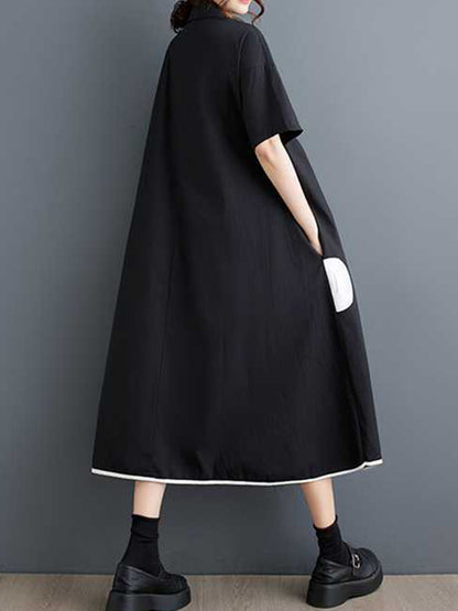 A-line Half Sleeves Buttoned Pockets Polka-dot Split-front Split-joint Lapel Midi Dresses Shirt Dress