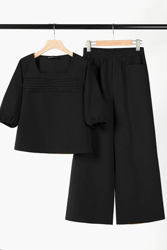 Loose Color Long Sleeved Top Wide Leg Pants Set