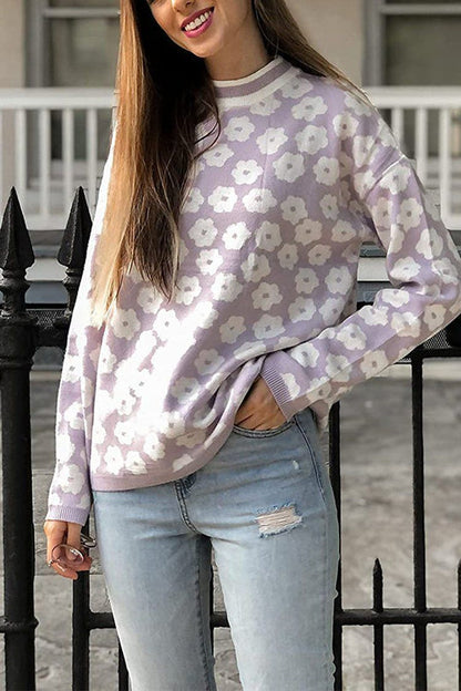 Mock Neck Print Knitted Sweater Color Block Light Weight Sweater