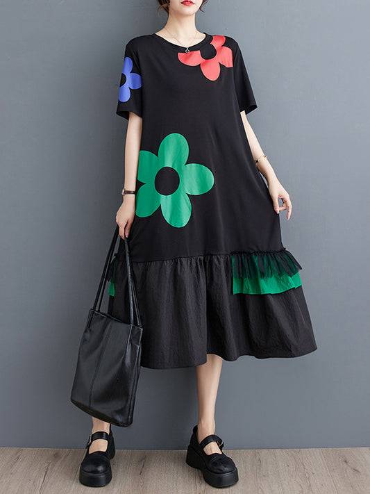 Loose Short Sleeves Printed Split-joint Round-neck Midi Dresses