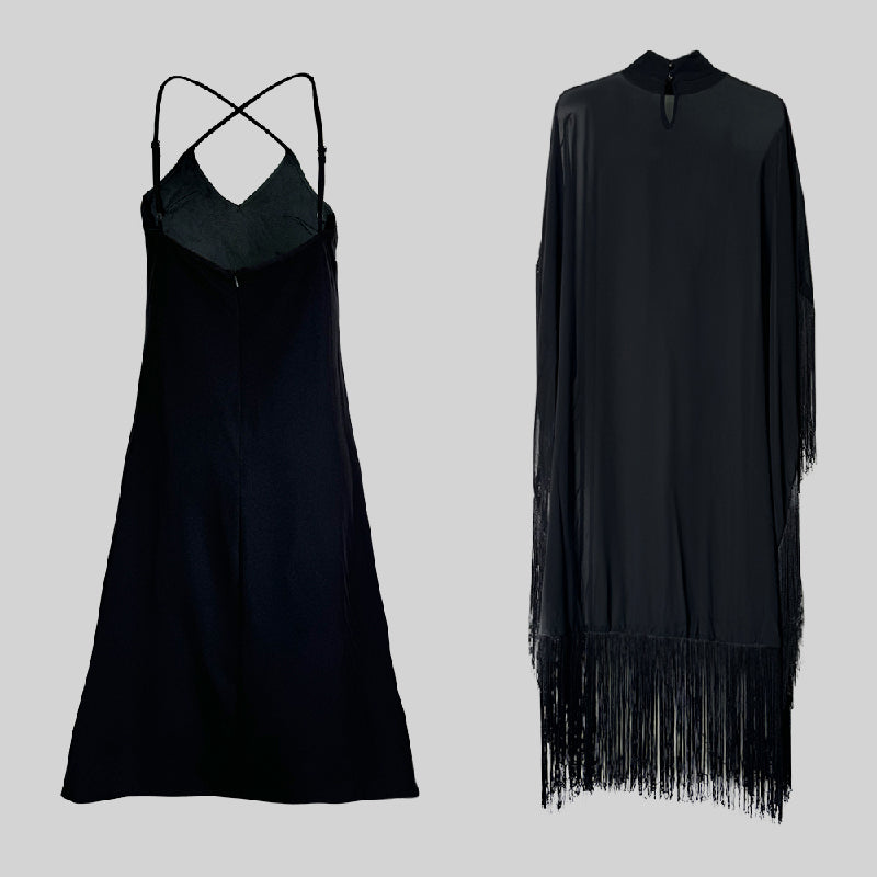 Batwing Sleeves Loose See-through Color Tasseled Mock Neck Maxi Dresses
