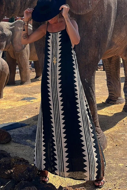 Take a Trip Print Backless A-line Maxi Dress