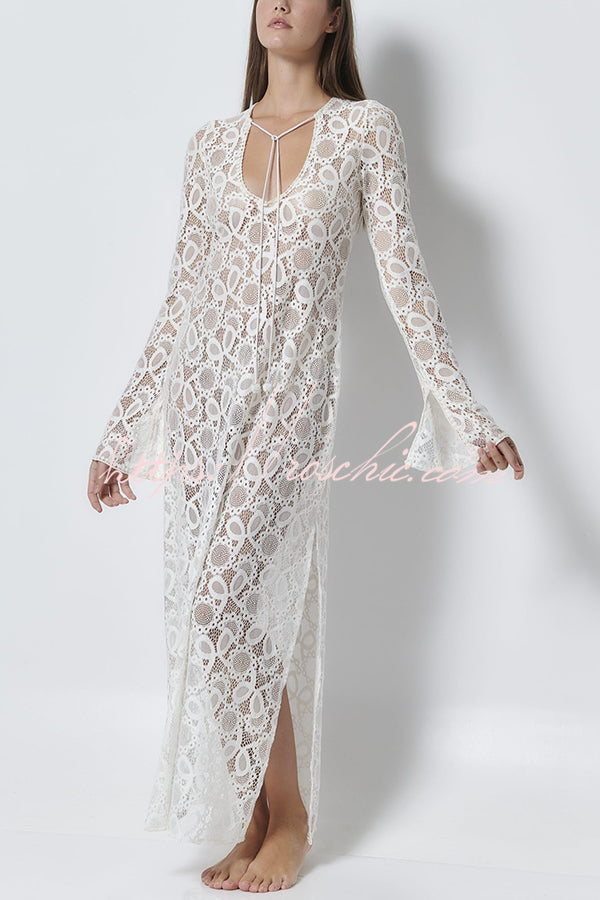 Santorini Sunset Lace Long Sleeve Slit Vacation Maxi Dress