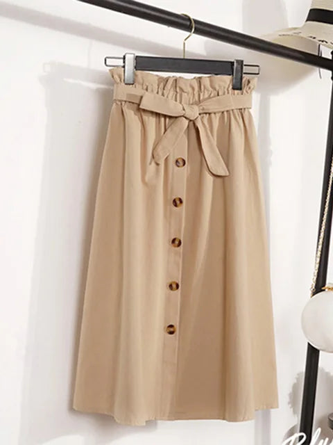 Summer Autumn Skirts Midi Knee Length Korean Button High Waist Skirt Female Pleated School Skirt