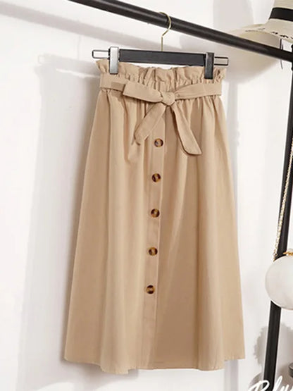 Summer Autumn Skirts Midi Knee Length Korean Button High Waist Skirt Female Pleated School Skirt