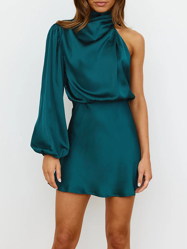 High Waisted Long Sleeves Asymmetric Elasticity Color High Neck Mini Dresses
