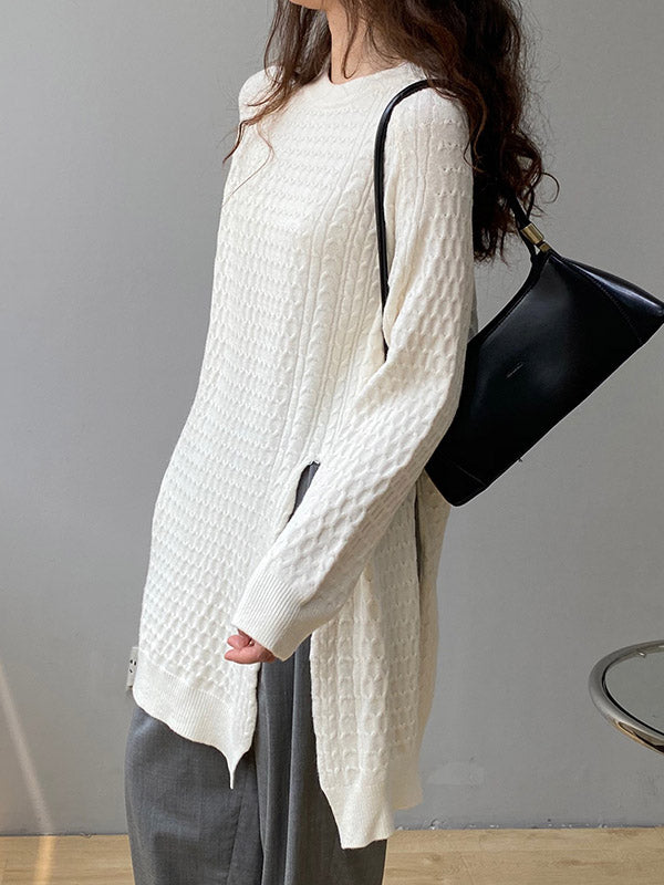 Retro Oatmeal Round-neck Split-side Long Sleeve Twist Knit Sweater An1045
