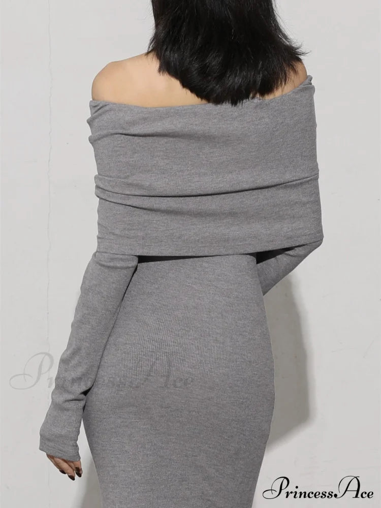 Charcoal Off Shoulder Overfold Modern Long Sleeve Long Dress