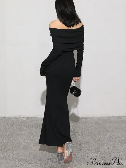 Charcoal Off Shoulder Overfold Modern Long Sleeve Long Dress