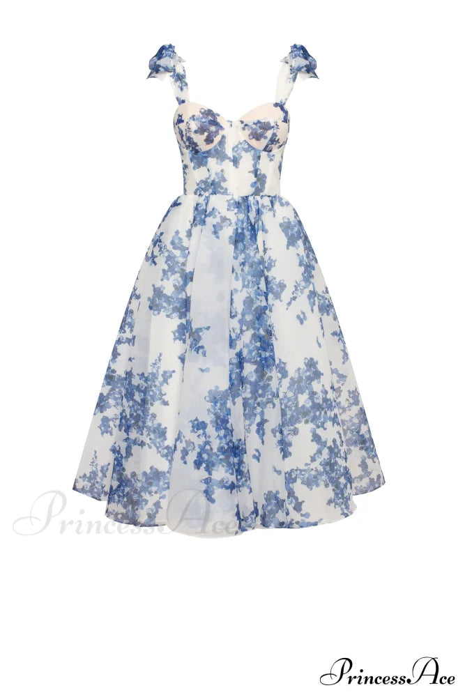 Charming Blue Hydrangea-patterned Organza Graceful Midi Dress, Garden of Eden