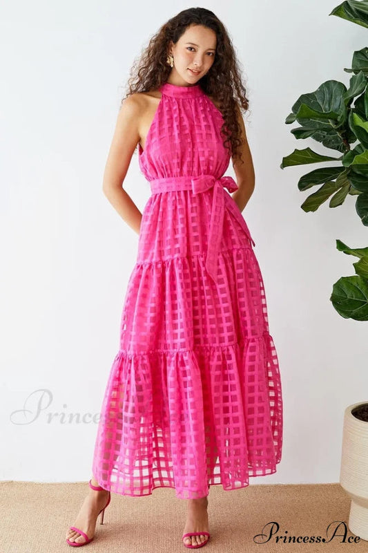 Check Halter Neck Charming Tie Waist Maxi Dress