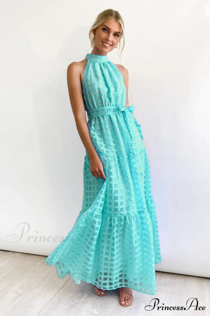 Check Halter Neck Charming Tie Waist Maxi Dress