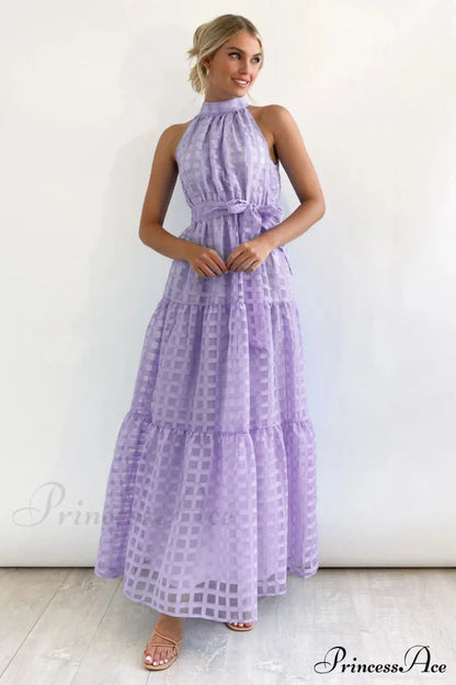 Check Halter Neck Charming Tie Waist Maxi Dress