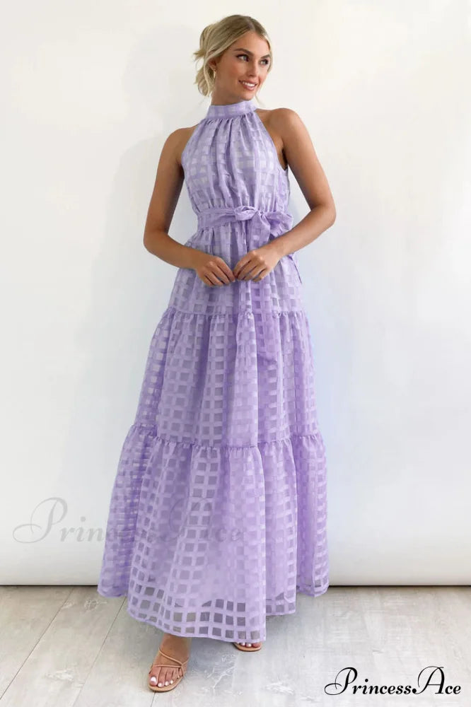 Check Halter Neck Charming Tie Waist Maxi Dress