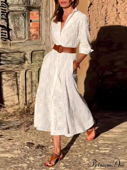 Check Print Belt Button Graceful Pocket Long Sleeve Midi Dress