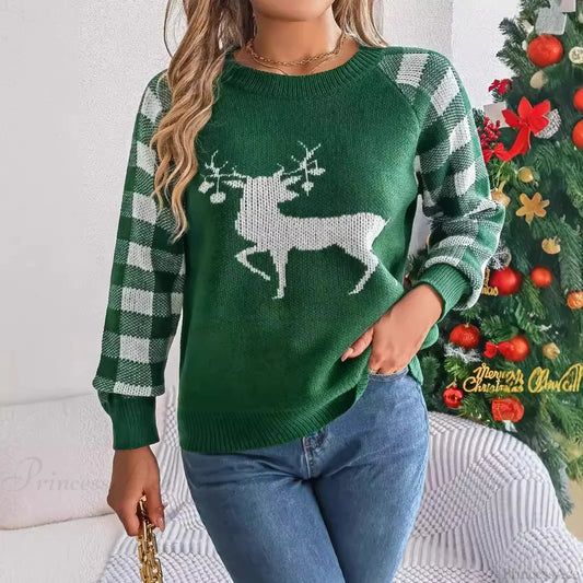 Checkered Deer Long Sleeve Hoodie Red Green Knitted Pullover New Year Christmas Sweater