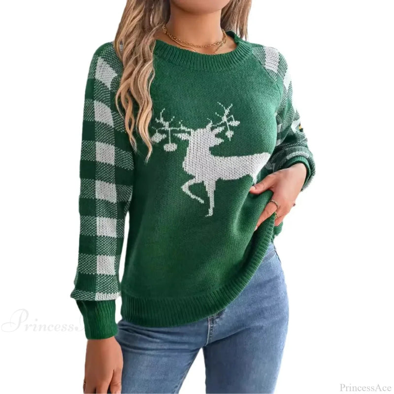 Checkered Deer Long Sleeve Hoodie Red Green Knitted Pullover New Year Christmas Sweater