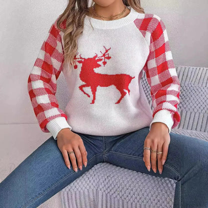 Checkered Deer Long Sleeve Hoodie Red Green Knitted Pullover New Year Christmas Sweater