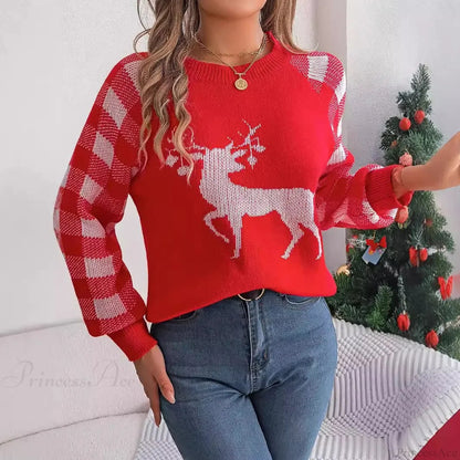 Checkered Deer Long Sleeve Hoodie Red Green Knitted Pullover New Year Christmas Sweater