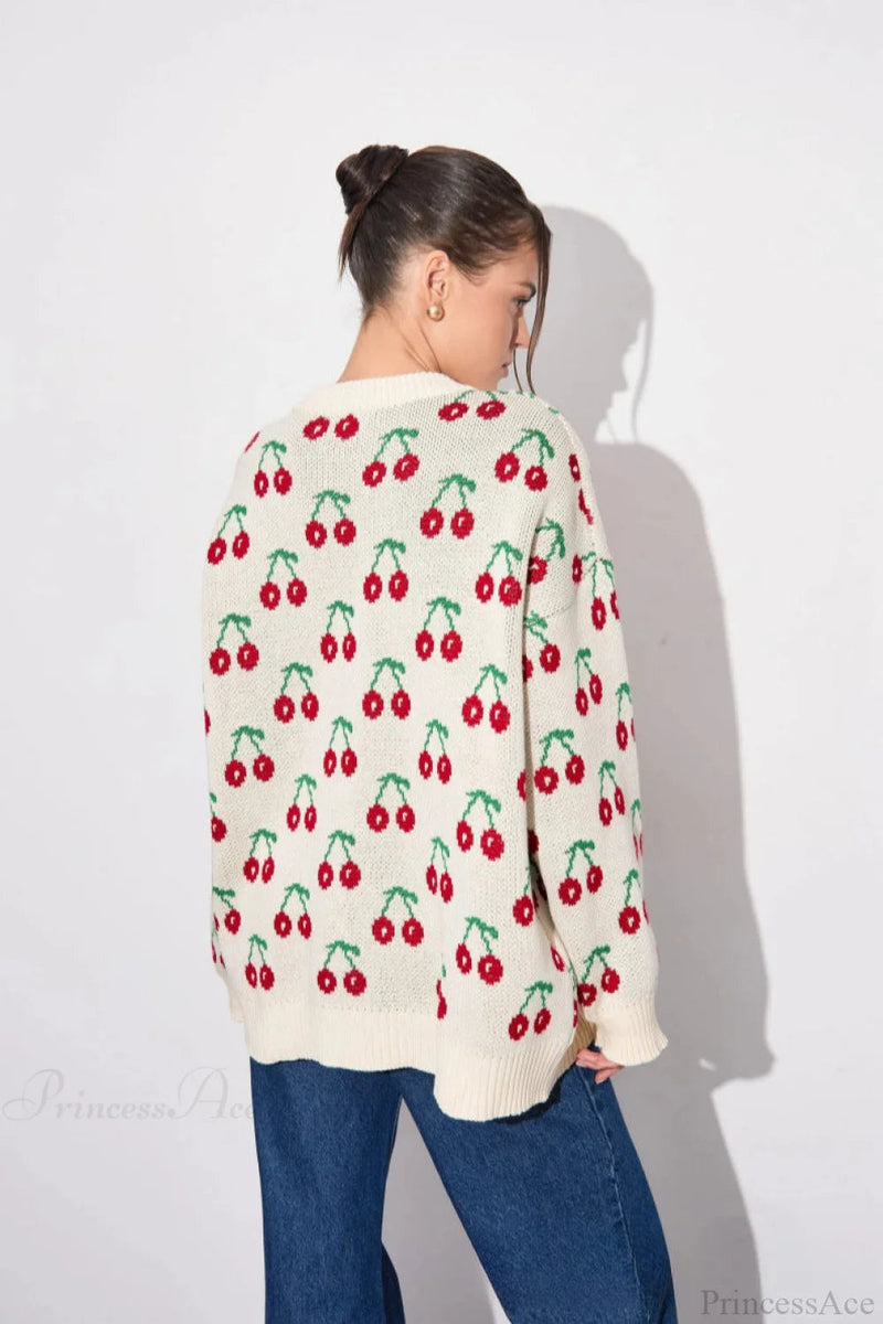 Cherry Crew Neck Mid Length Knit Sweater