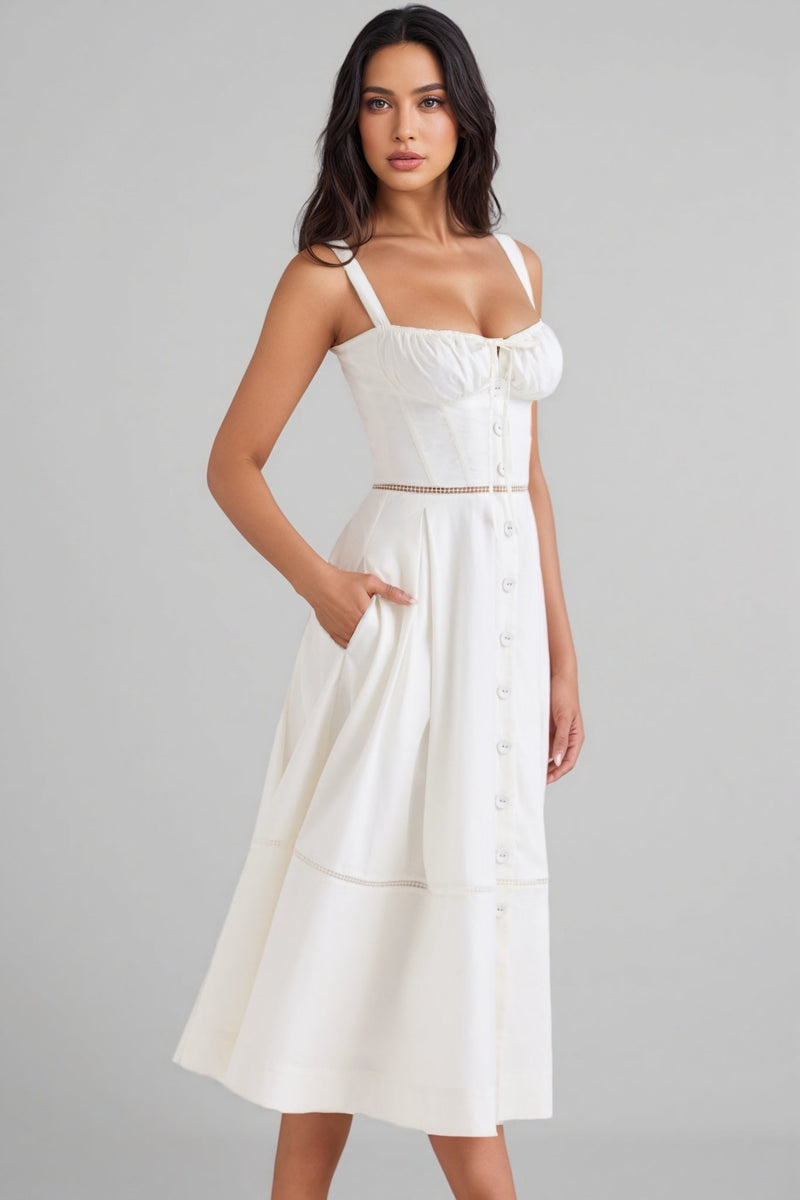 Kaelt White Cotton Button Front Midi Dress