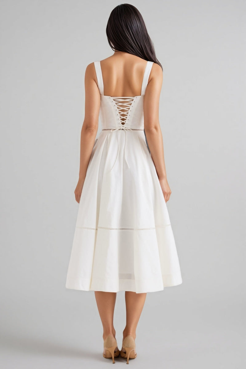 Kaelt White Cotton Button Front Midi Dress