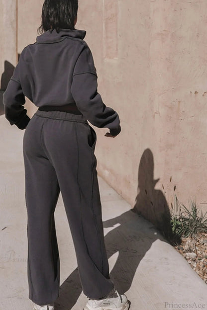 Athleisure Stand Collar Sweatshirt Elastic Jogger Two Piece Set