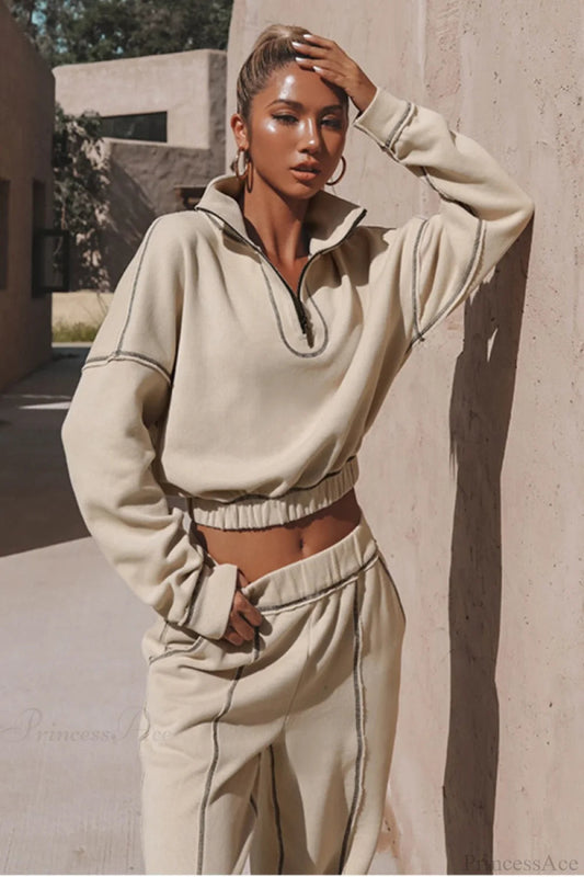 Athleisure Stand Collar Sweatshirt Elastic Jogger Two Piece Set