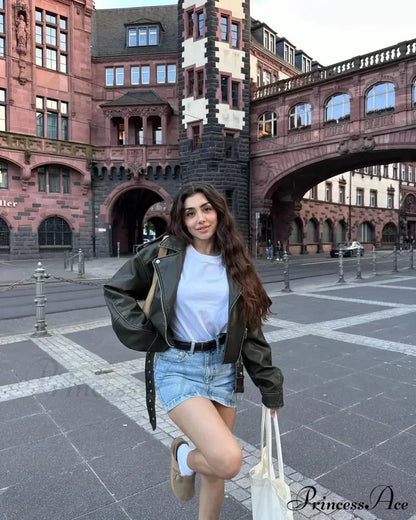Cropped Leather Loose Lapel Collar Long Sleeves Single-breasted Stylish Coat