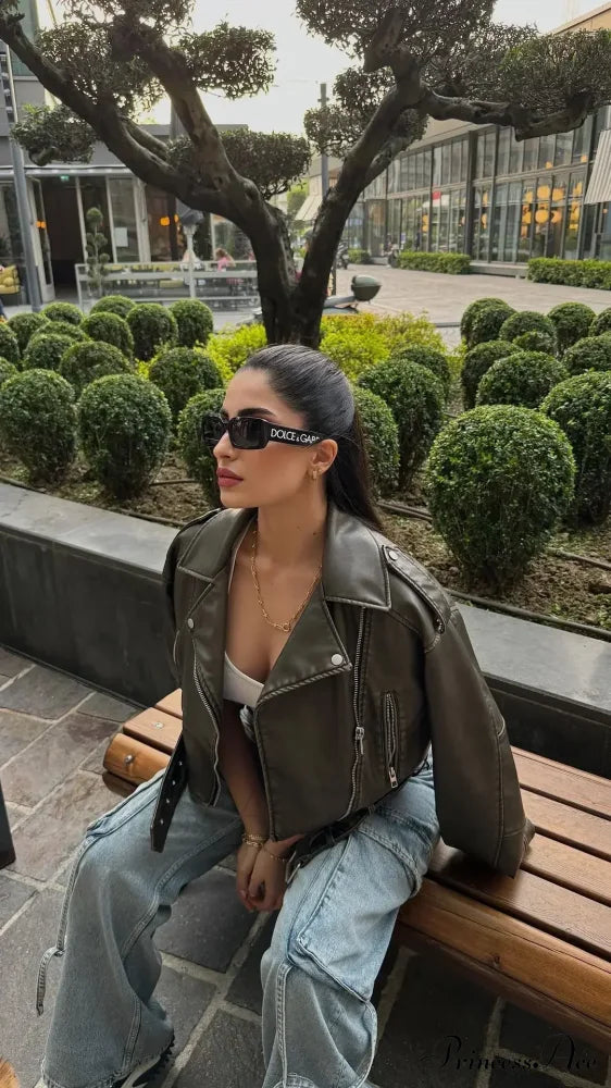Cropped Leather Loose Lapel Collar Long Sleeves Single-breasted Stylish Coat