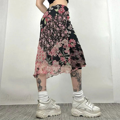 Print Low Rise Patchwork Skirt