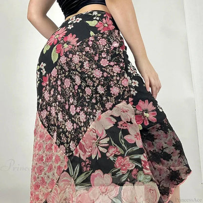 Print Low Rise Patchwork Skirt