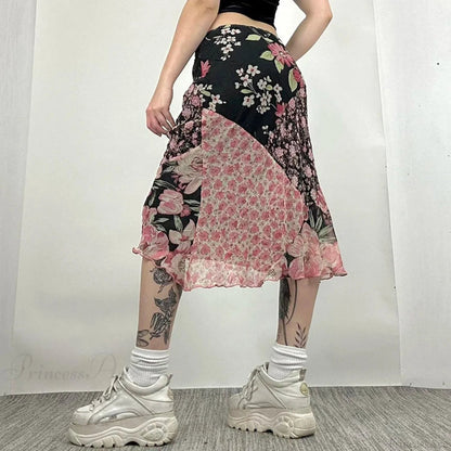 Print Low Rise Patchwork Skirt