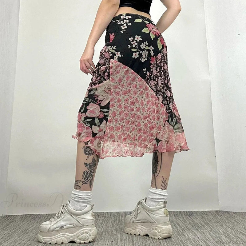 Print Low Rise Patchwork Skirt