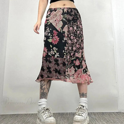 Print Low Rise Patchwork Skirt