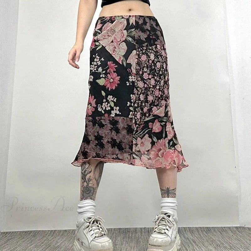 Print Low Rise Patchwork Skirt