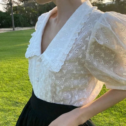 Hollow Lace Puff Sleeve Peter Pan Collar Blouse