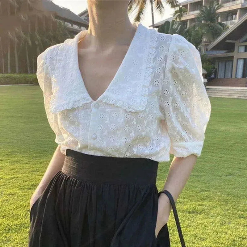 Hollow Lace Puff Sleeve Peter Pan Collar Blouse