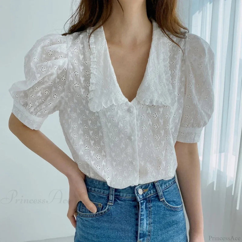 Hollow Lace Puff Sleeve Peter Pan Collar Blouse