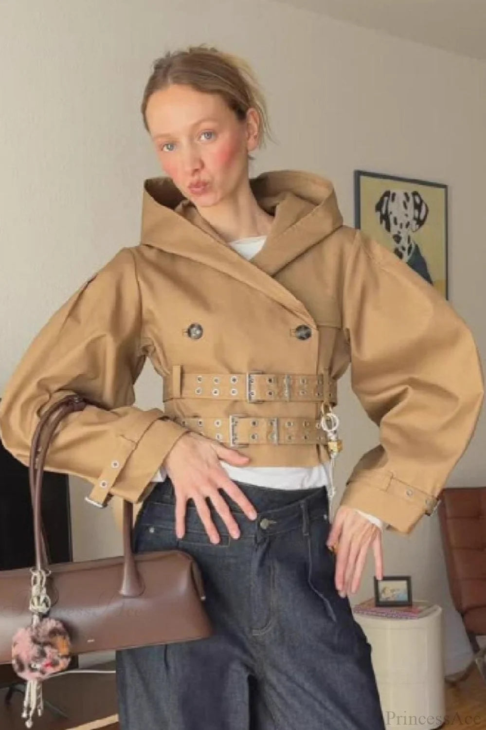 Hooded Double Belted Cropped Coat