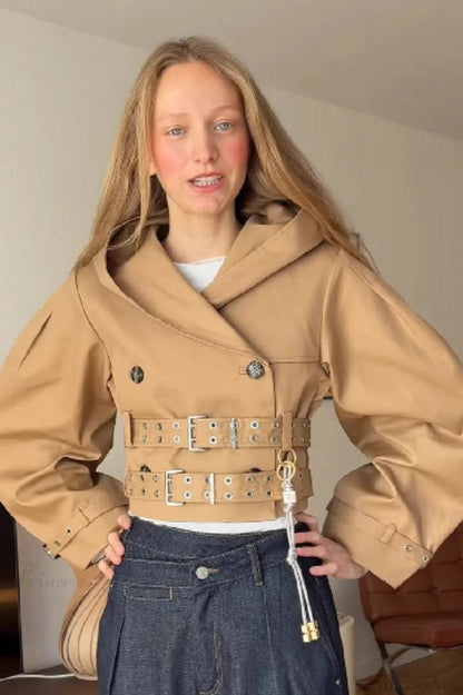 Hooded Double Belted Cropped Coat