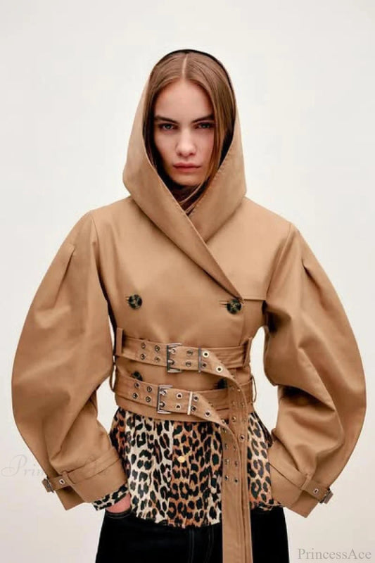 Hooded Double Belted Cropped Coat