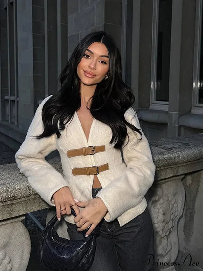 Leather Belted V-neck Long Sleeved Outerwear New Autumn Stylish Coat