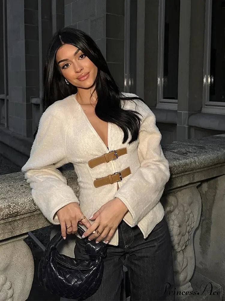 Leather Belted V-neck Long Sleeved Outerwear New Autumn Stylish Coat