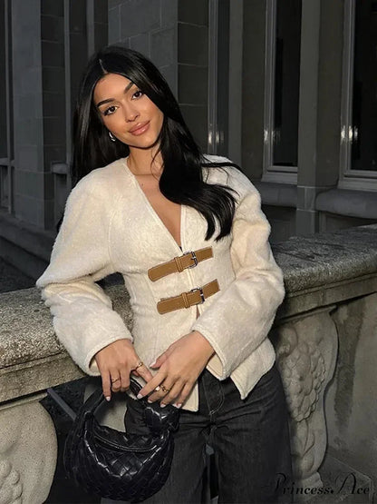 Leather Belted V-neck Long Sleeved Outerwear New Autumn Stylish Coat