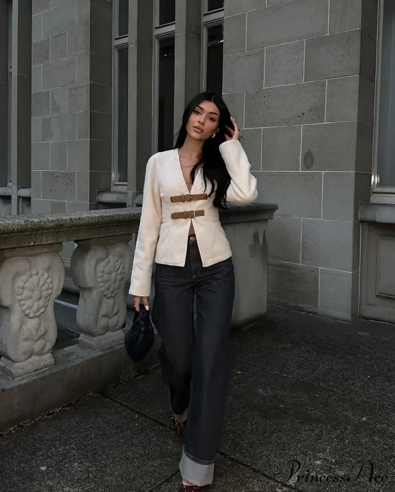 Leather Belted V-neck Long Sleeved Outerwear New Autumn Stylish Coat