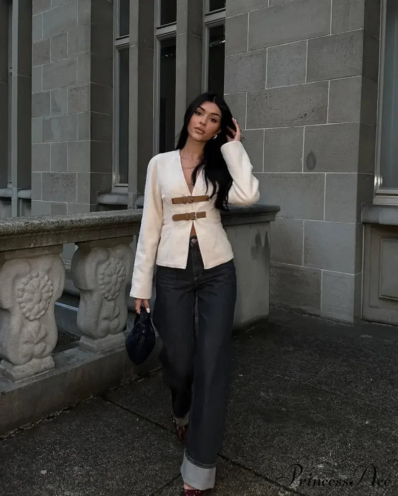 Leather Belted V-neck Long Sleeved Outerwear New Autumn Stylish Coat