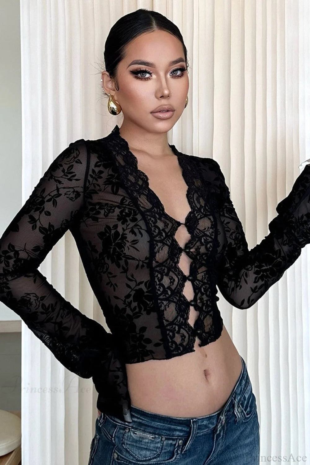 Leopard Print Mesh Lace Trim Blouse