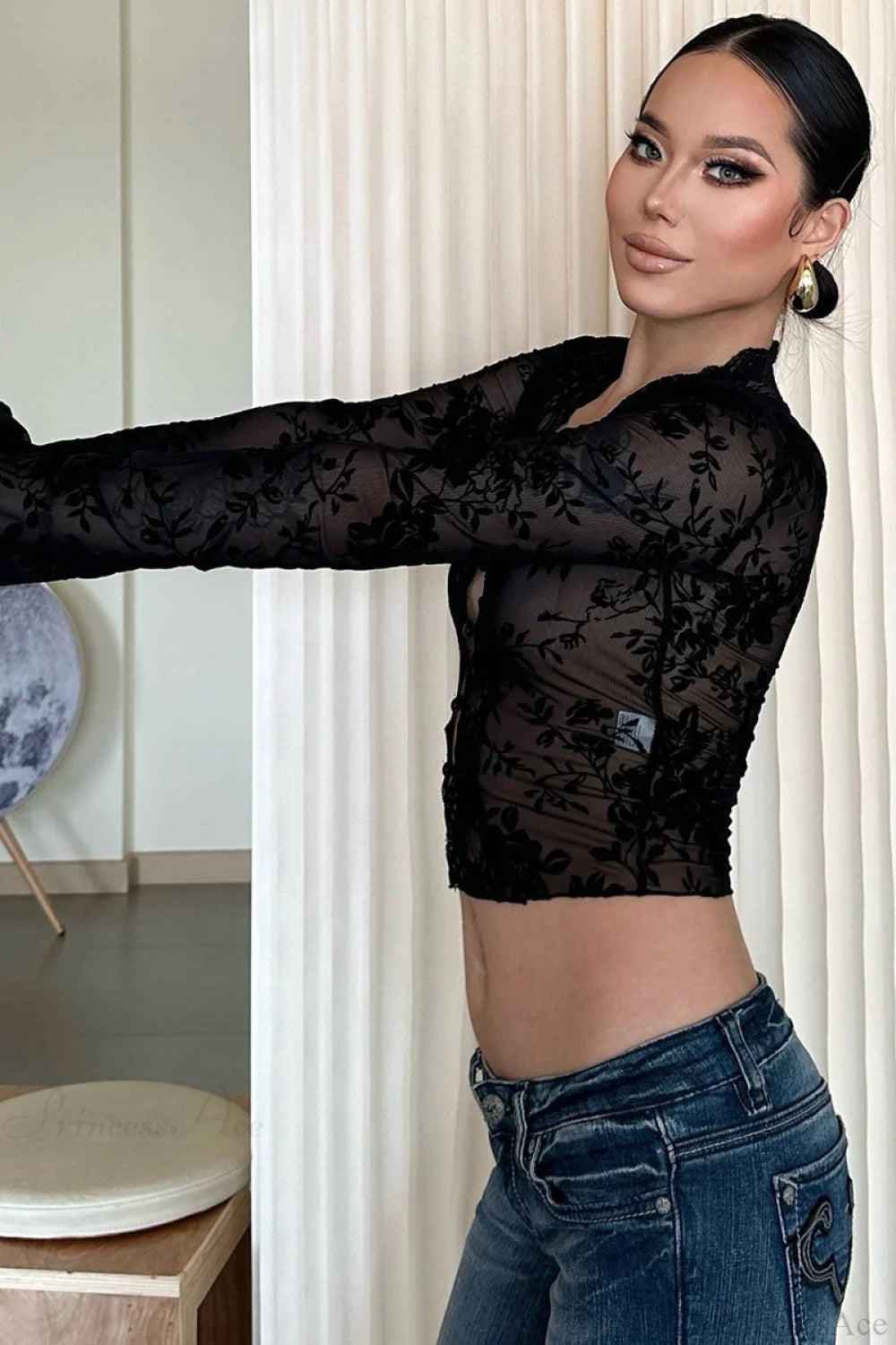 Leopard Print Mesh Lace Trim Blouse