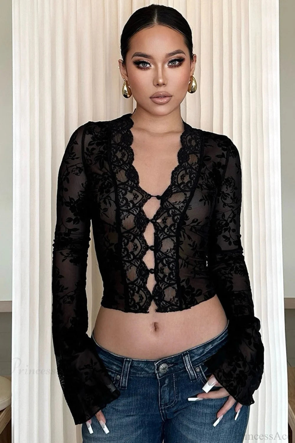 Leopard Print Mesh Lace Trim Blouse